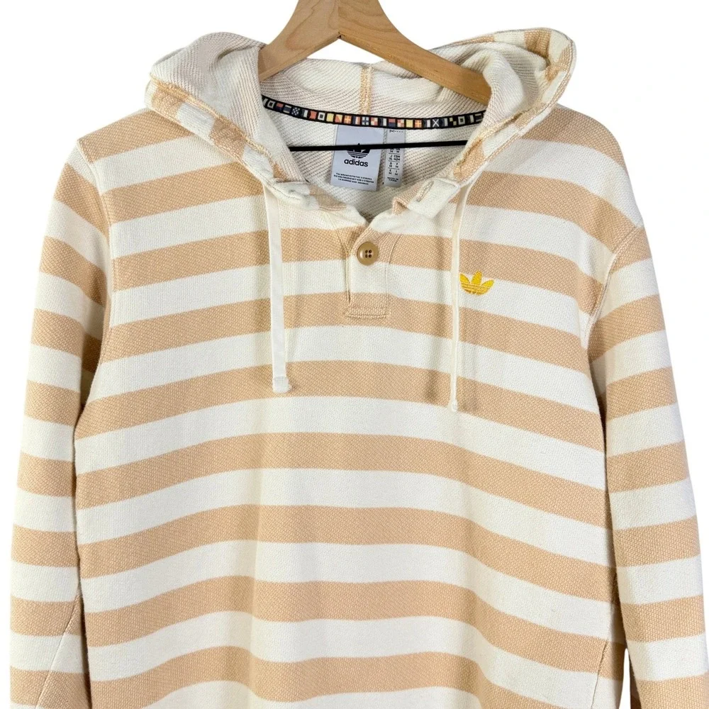 Adidas Originals‎ Mens Striped Henley Hoodie Tan Cream Trefoil Logo Medium